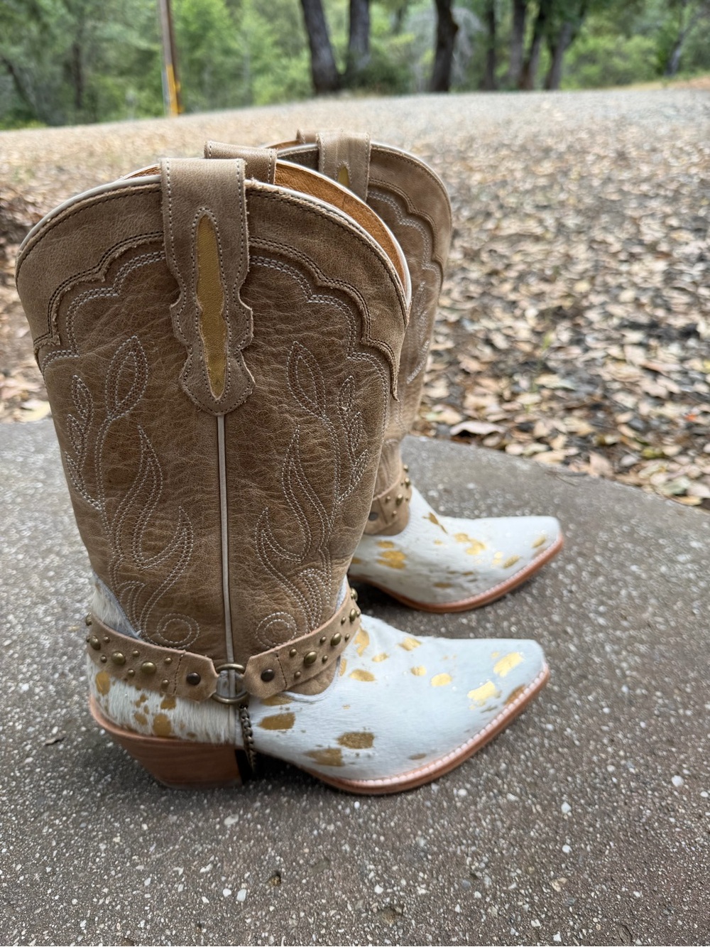 Idyllwind Two-Tone Tan and White Cowhide Studded Heeled Boots
